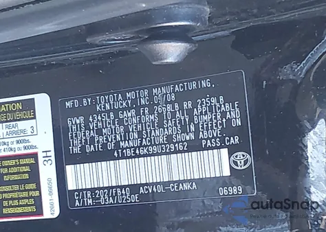 2009 Toyota Camry Le from USA, damaged, VIN 4T1BE46K99U329162